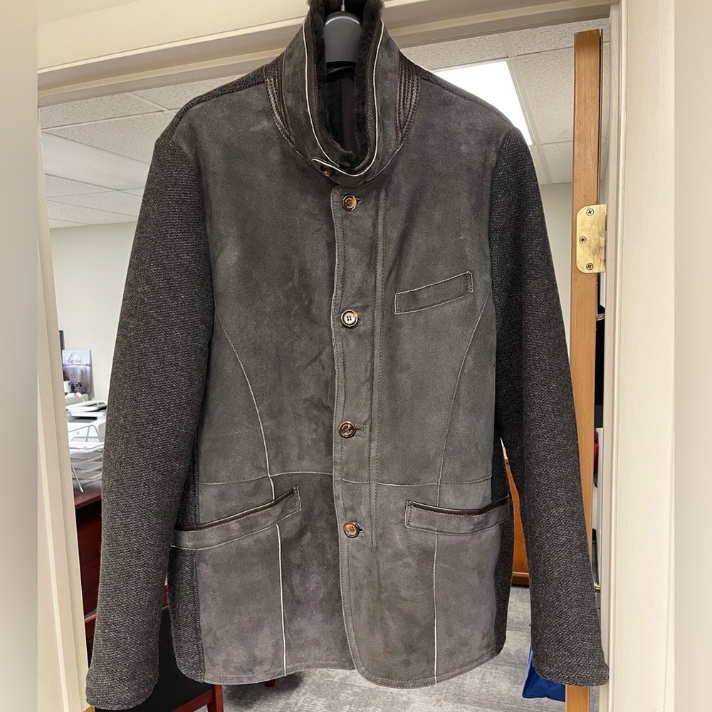 Men’s Gimo’s shearling & knit car coat, expresso, large, never worn,make offer